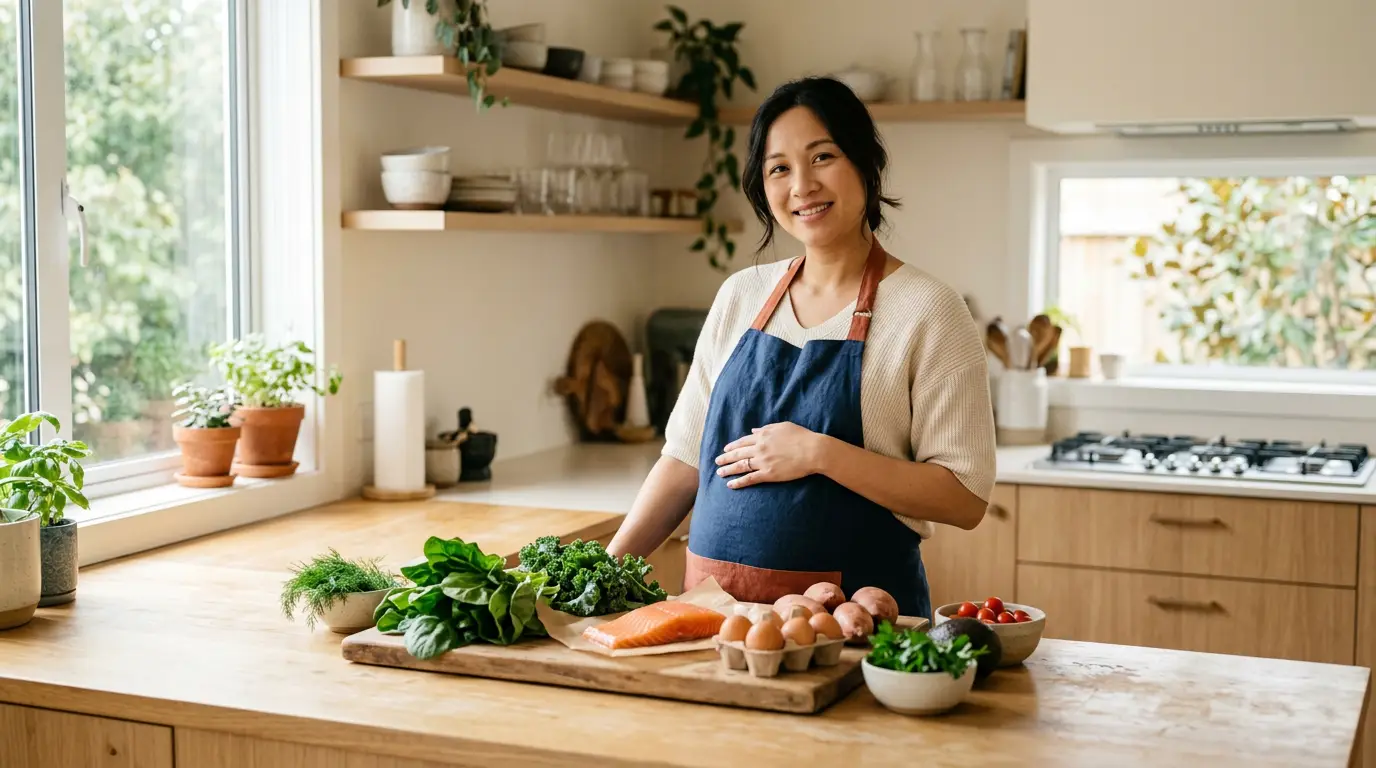 Mẹ bầu chuẩn bị bữa ăn lành mạnh trong bếp